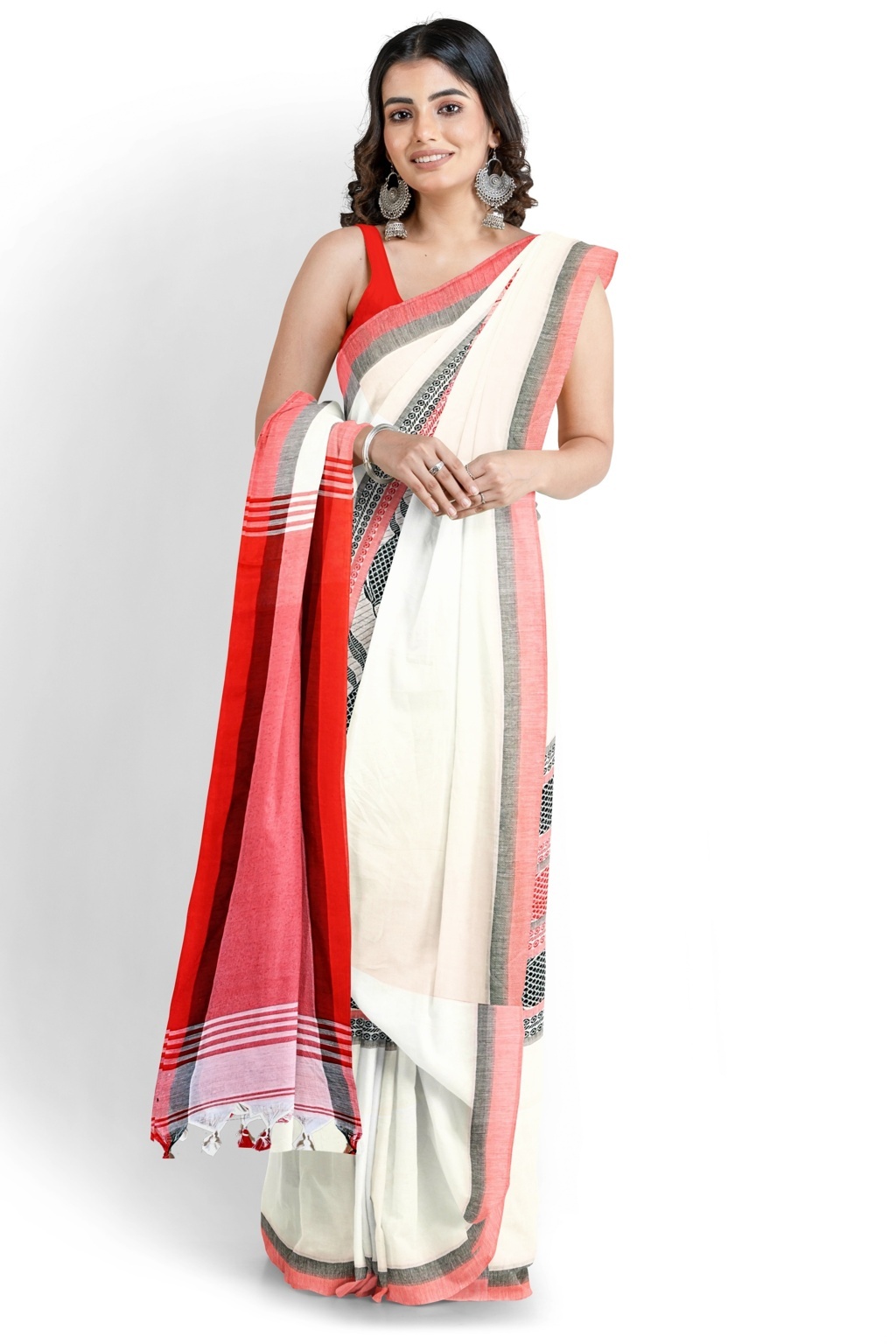 White Red Pure Cotton Marine Hand Loom Saree (1277)